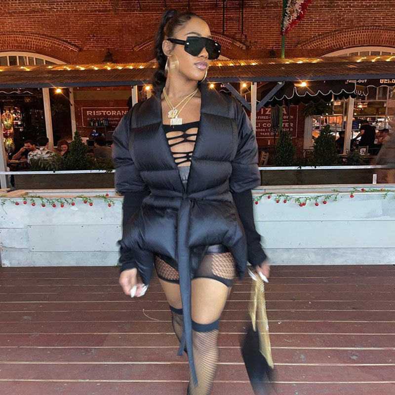 Black Shawl Collar Deep V Belted Bishop Sleeve Puffer Jacket