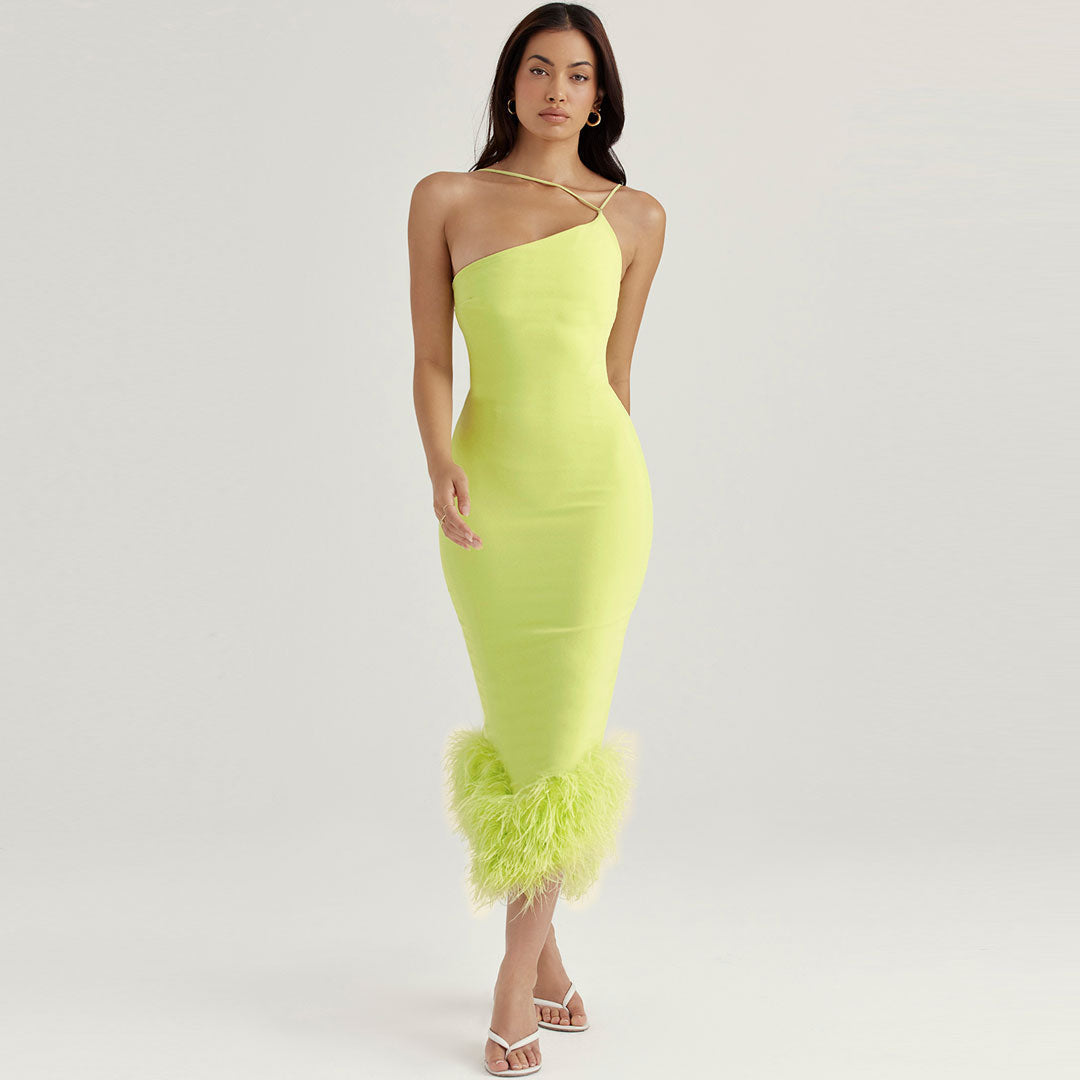 Lime Green One Shoulder Asymmetric Strap Feather Trim Bodycon Midi Dress