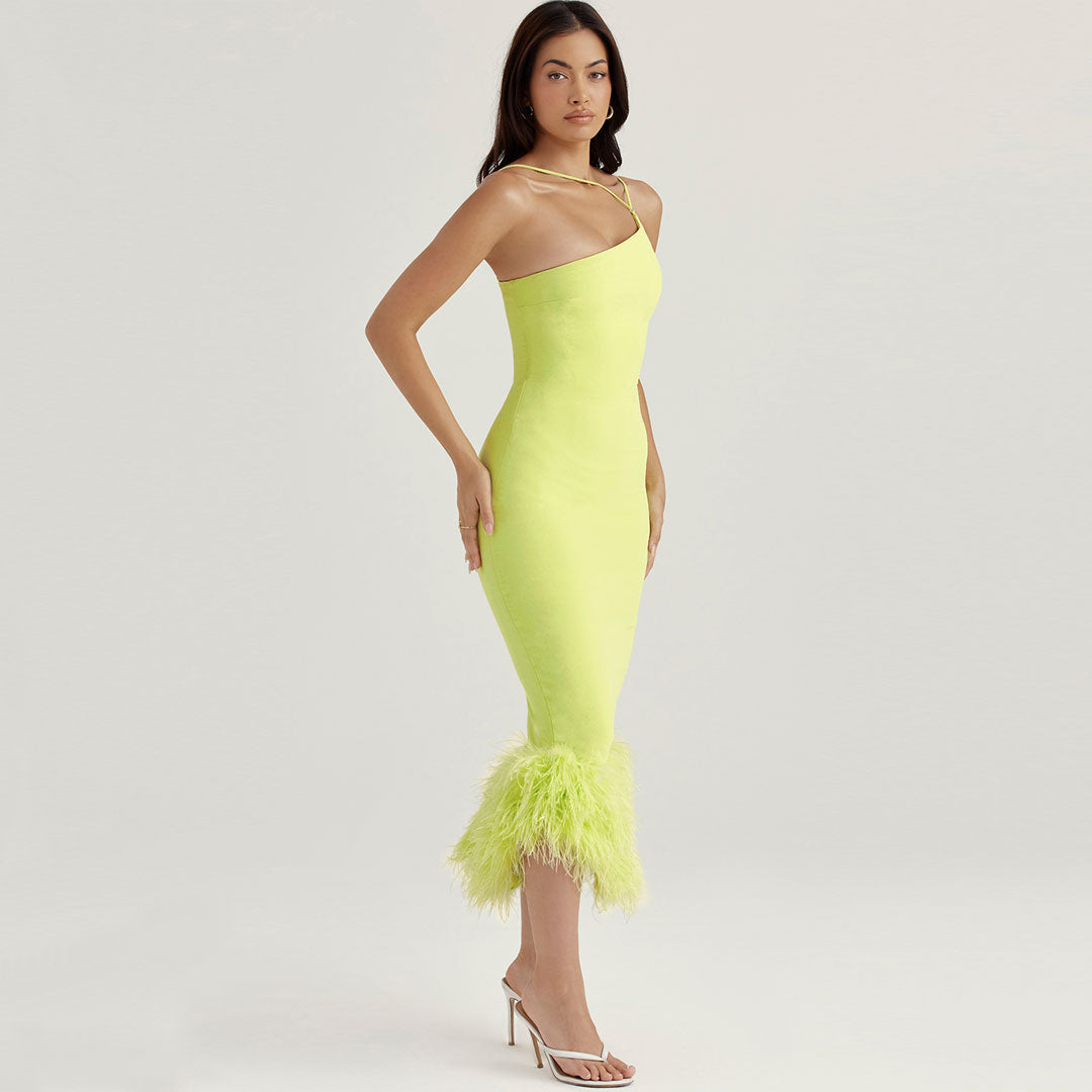 Lime Green One Shoulder Asymmetric Strap Feather Trim Bodycon Midi Dress