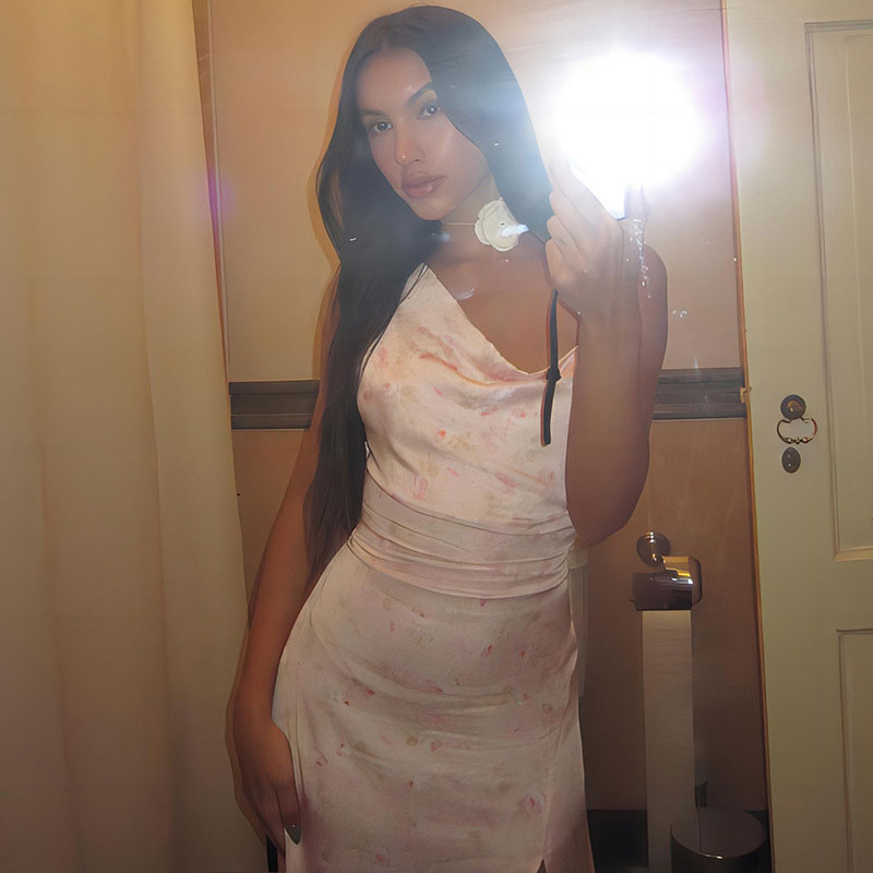 Floral Cowl Neck Spaghetti Strap High Slit Satin Midi Dress 2