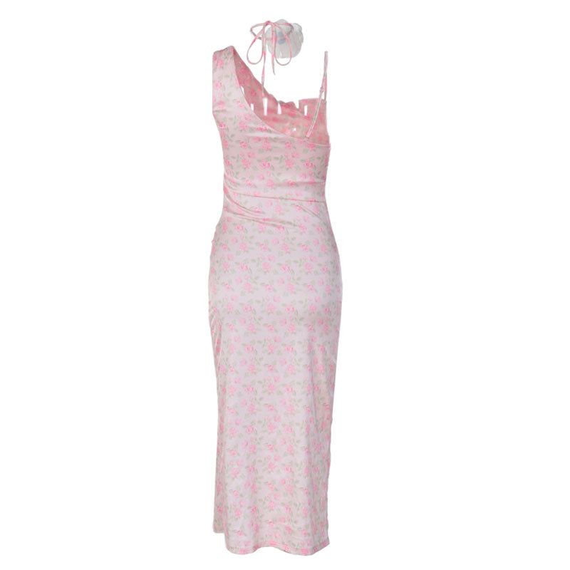 Floral Cowl Neck Spaghetti Strap High Slit Satin Midi Dress 4