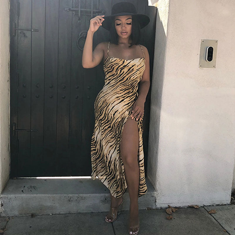 Tiger Tiger Print Spaghetti Strap High Slit Bodycon Midi Dress