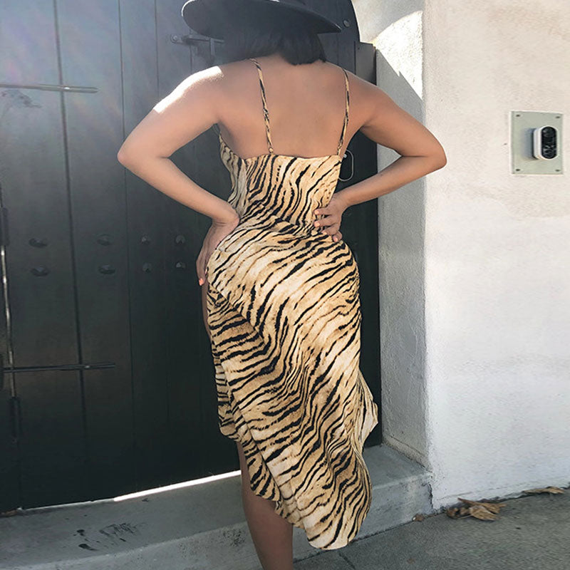Tiger Tiger Print Spaghetti Strap High Slit Bodycon Midi Dress