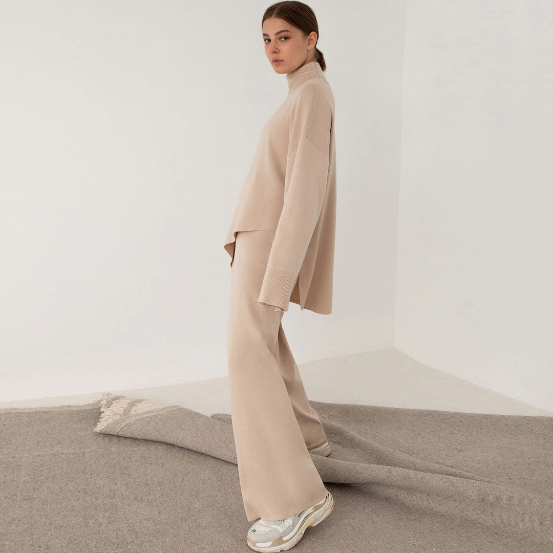 Apricot High Neck Asymmetric Hem Knit Sweater Wide Leg Pants Set