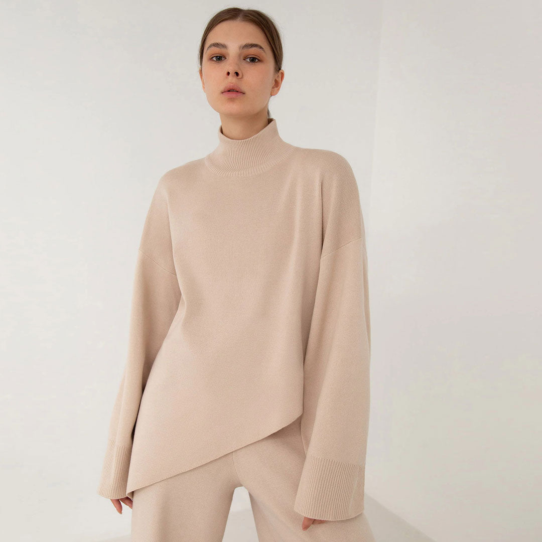 Apricot High Neck Asymmetric Hem Knit Sweater Wide Leg Pants Set