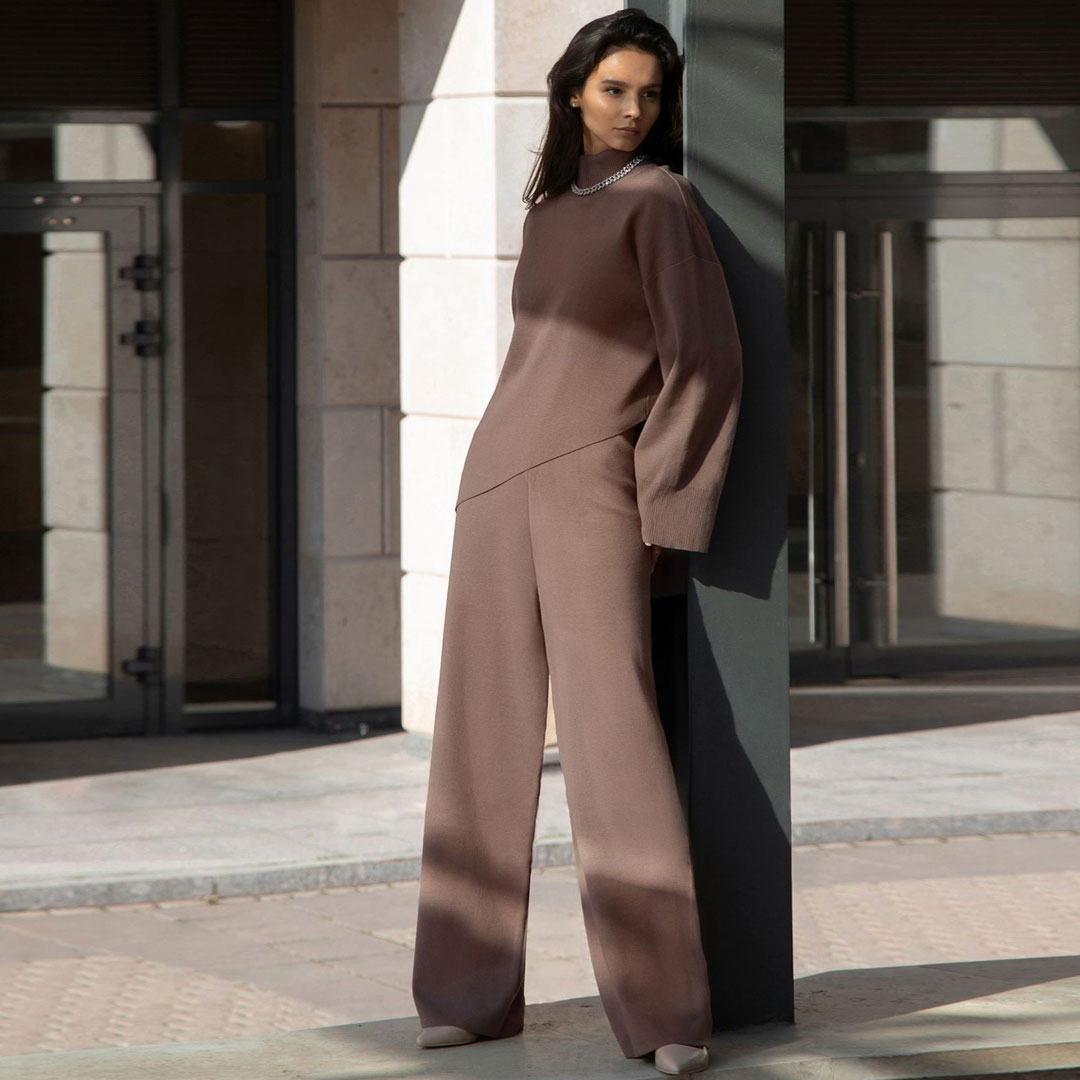 Caramel High Neck Asymmetric Hem Knit Sweater Wide Leg Pants Set