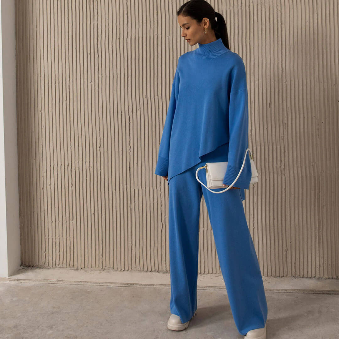 Royal Blue High Neck Asymmetric Hem Knit Sweater Wide Leg Pants Set