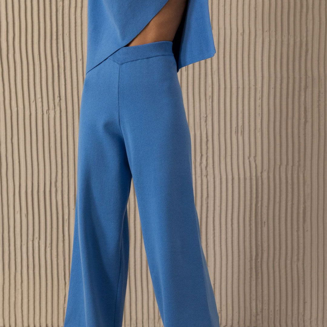 Royal Blue High Neck Asymmetric Hem Knit Sweater Wide Leg Pants Set