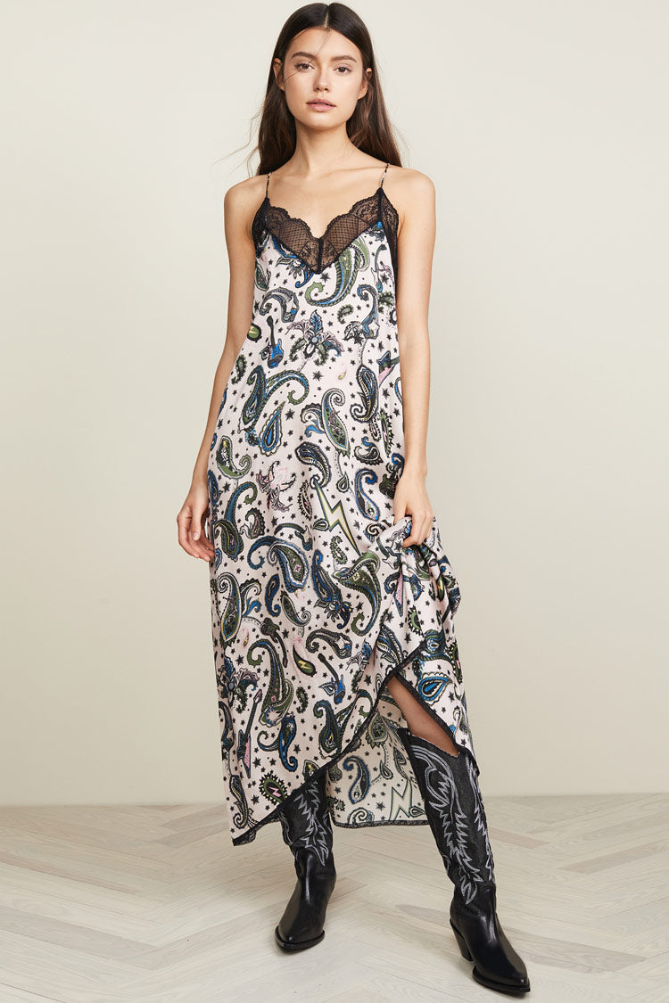 Black V-Neck Lace Trim Spaghetti Strap Paisley Satin Slip Maxi Dress