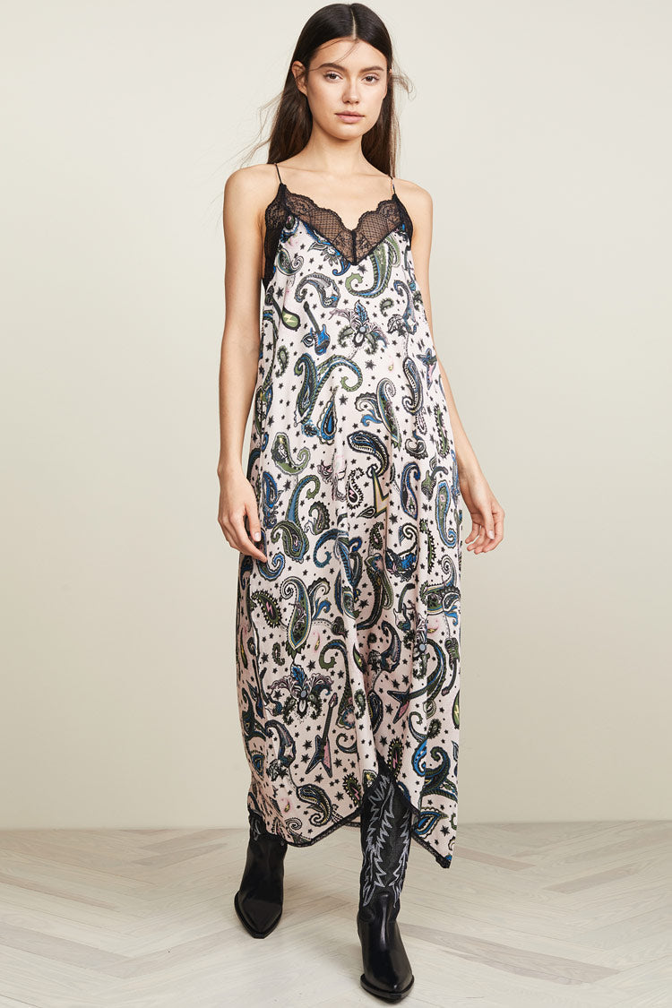 Black V-Neck Lace Trim Spaghetti Strap Paisley Satin Slip Maxi Dress