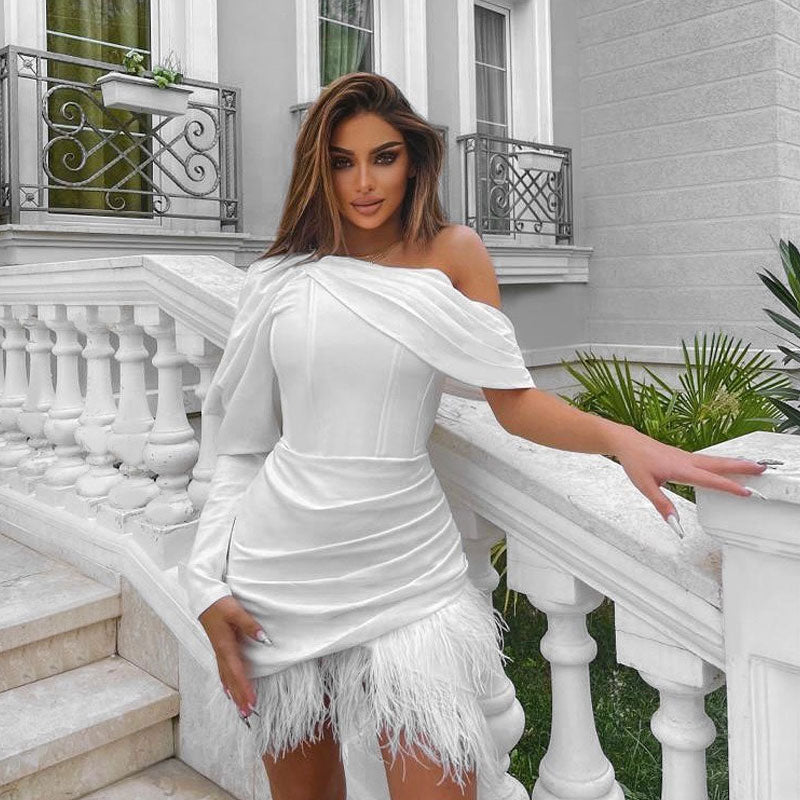 White One Shoulder Puff Sleeve Corset Feather Trim Ruched Mini Dress