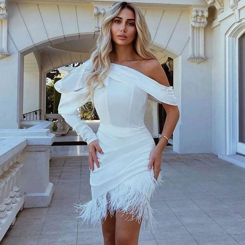 White One Shoulder Puff Sleeve Corset Feather Trim Ruched Mini Dress