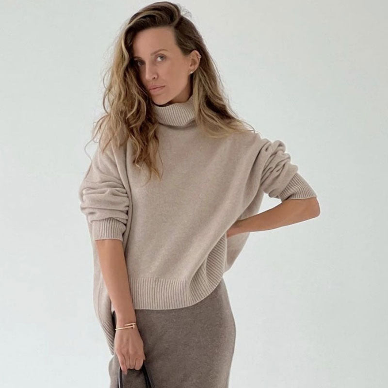 Camel Rib Trim Turtleneck Long Sleeve Oversized Pullover Sweater