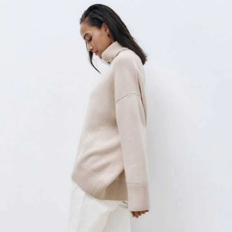 Camel Rib Trim Turtleneck Long Sleeve Oversized Pullover Sweater