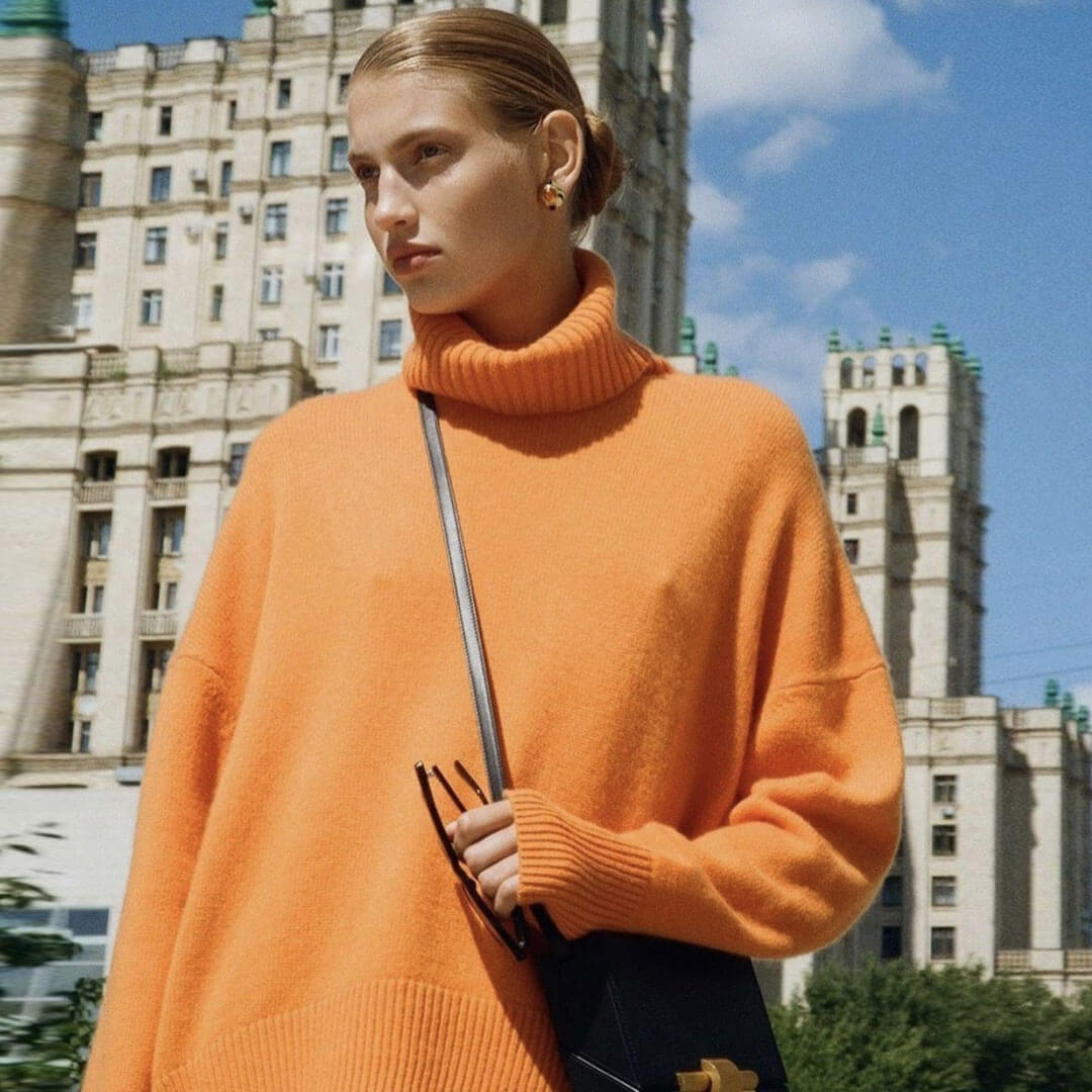 Orange Rib Trim Turtleneck Long Sleeve Oversized Pullover Sweater