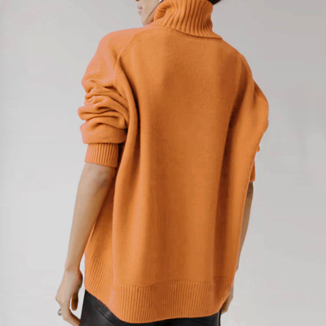 Orange Rib Trim Turtleneck Long Sleeve Oversized Pullover Sweater