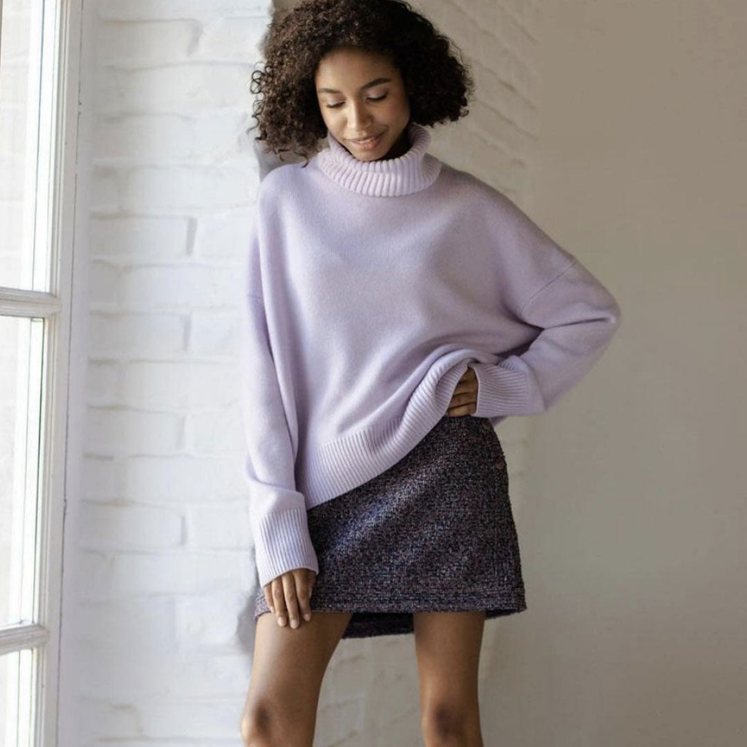 Lilac Rib Trim Turtleneck Long Sleeve Oversized Pullover Sweater