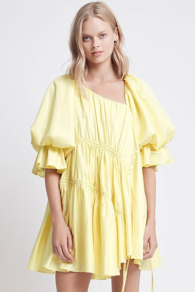Yellow Asymmetric Neck Puff Sleeve Ruffle Drawstring Babydoll Mini Dress
