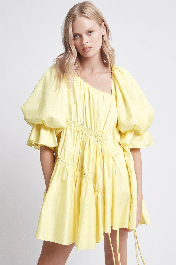 Yellow Asymmetric Neck Puff Sleeve Ruffle Drawstring Babydoll Mini Dress