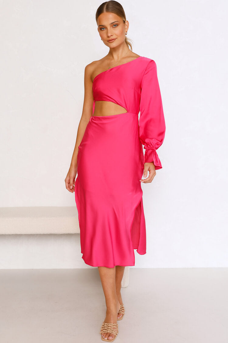 Rose Asymmetric One Shoulder Satin Cutout Long Sleeve Midi Dress