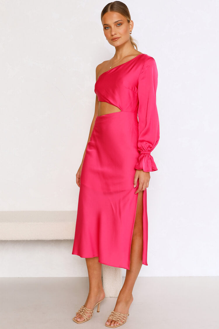 Rose Asymmetric One Shoulder Satin Cutout Long Sleeve Midi Dress