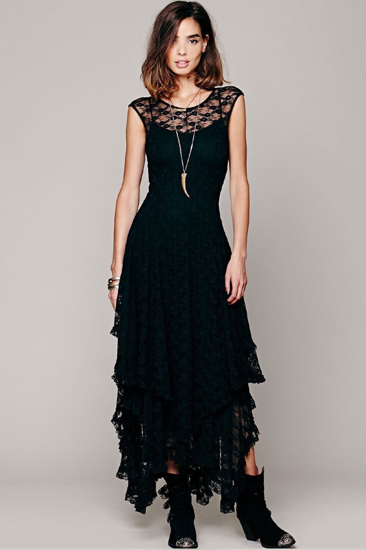 Black Scoop Neck Lace Illusion Cap Sleeve Tiered Ruffle A-Line Maxi Dress