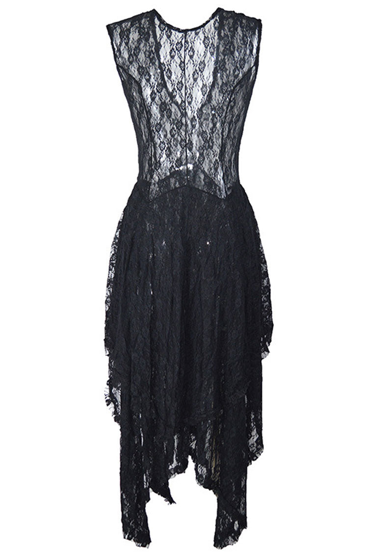 Black Scoop Neck Lace Illusion Cap Sleeve Tiered Ruffle A-Line Maxi Dress 4