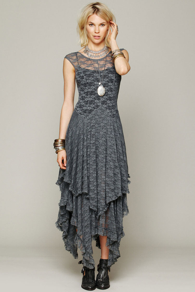 Gray Round Neck Cap Sleeve Lace Tiered Ruffle Handkerchief Maxi Dress