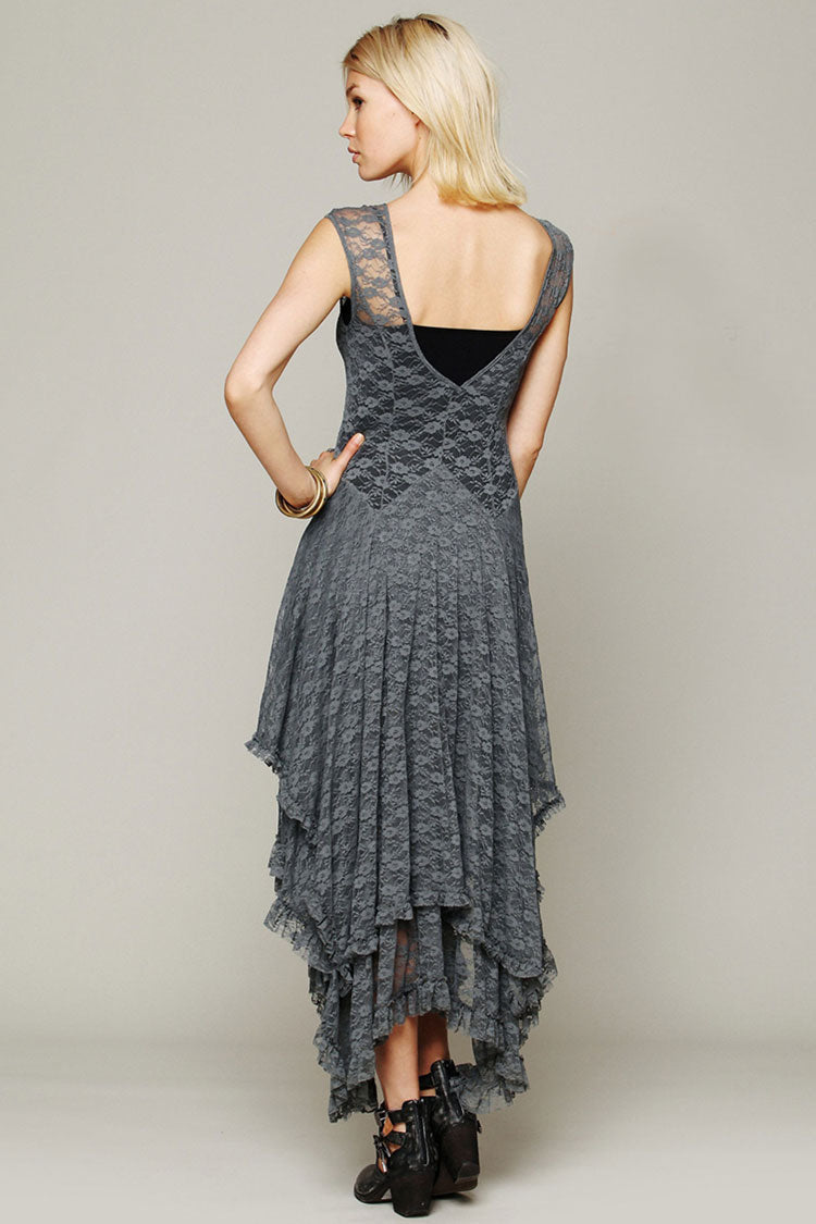 Gray Round Neck Cap Sleeve Lace Tiered Ruffle Handkerchief Maxi Dress