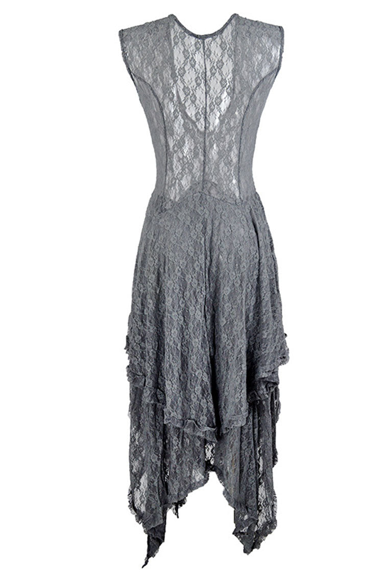 Gray Round Neck Cap Sleeve Lace Tiered Ruffle Handkerchief Maxi Dress
