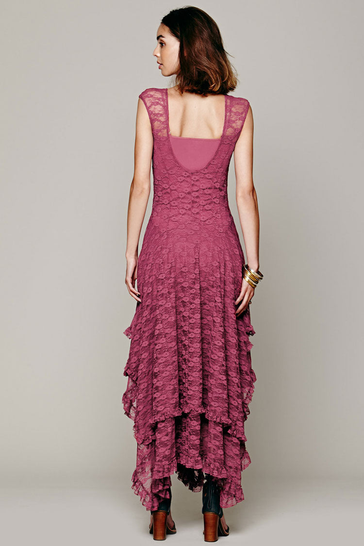 Mauve Round Neck Cap Sleeve Lace Tiered Ruffle Handkerchief Maxi Dress