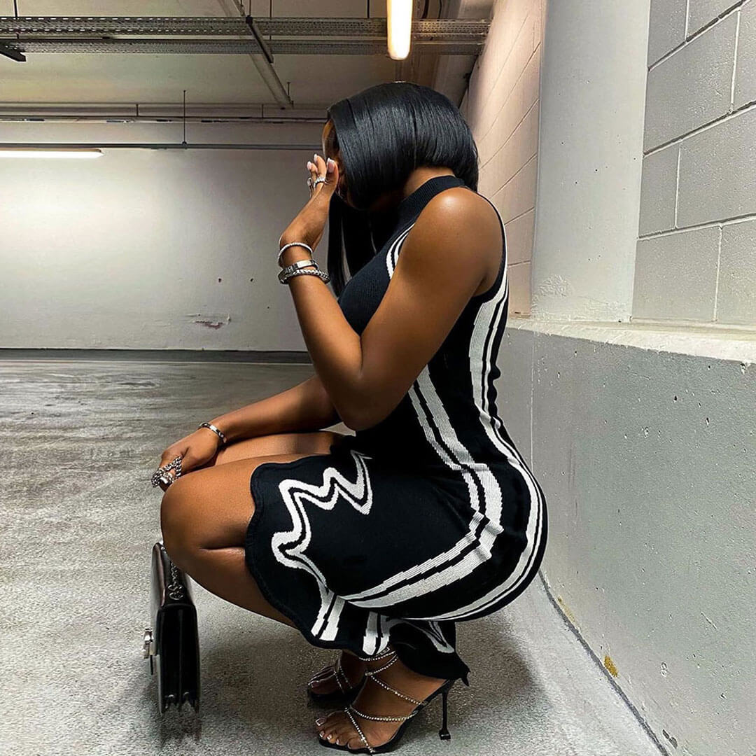 Black High Neck Sleeveless Contrast Trim Asymmetric Hem Sweater Midi Dress