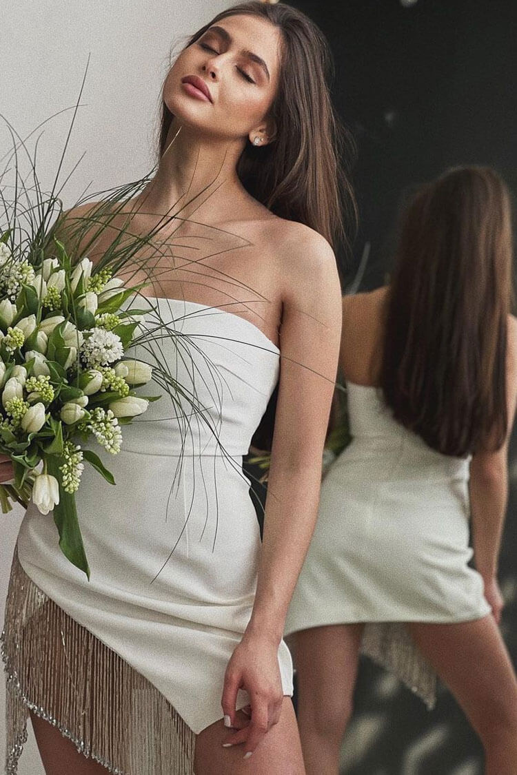White Strapless Asymmetrical Rhinestone Fringe Trim Bandage Bodycon Mini Dress