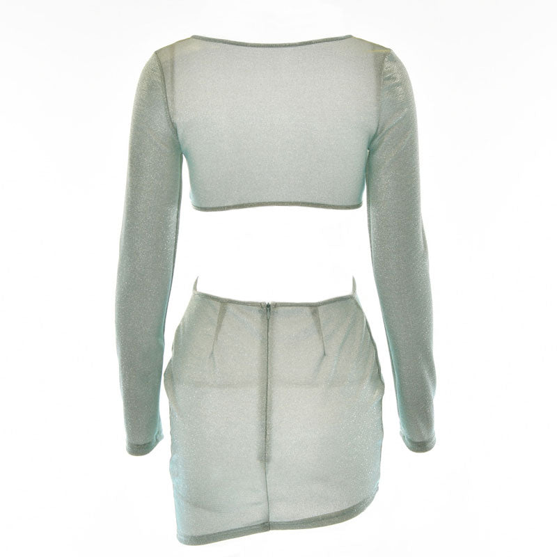 Green Scoop Neck Long Sleeve O-Ring Cutout Glitter Bodycon Mini Dress