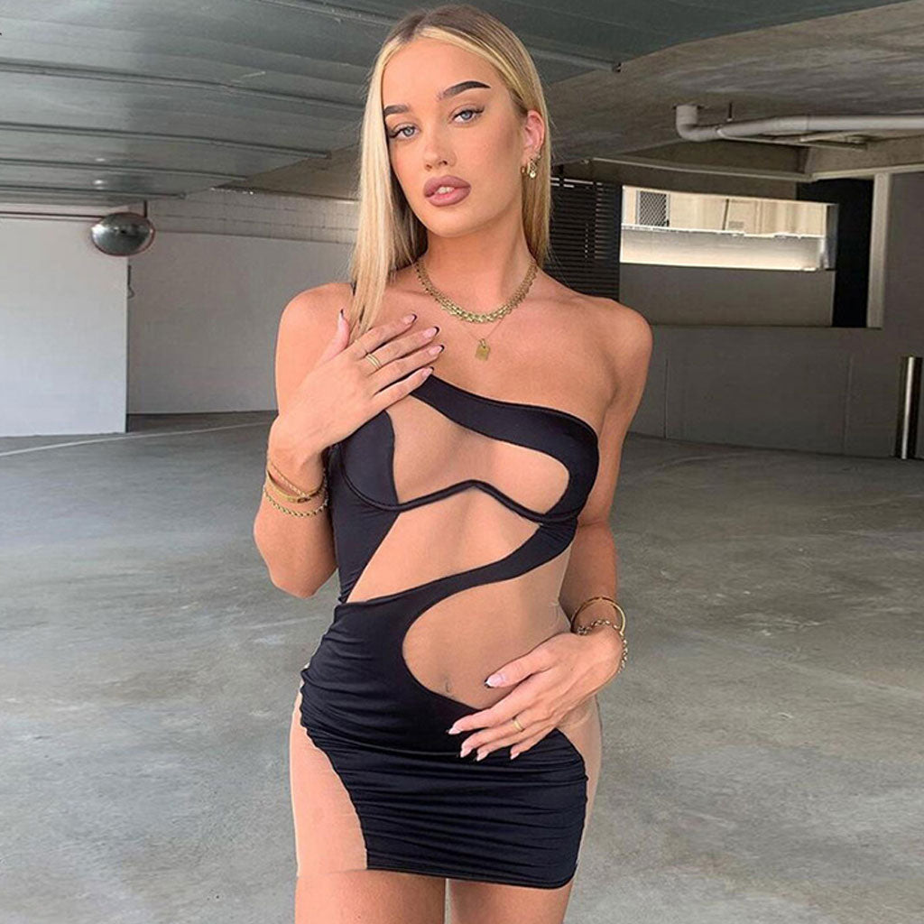 Black Asymmetric Strap Mesh Panel Cutout Bodycon Mini Dress
