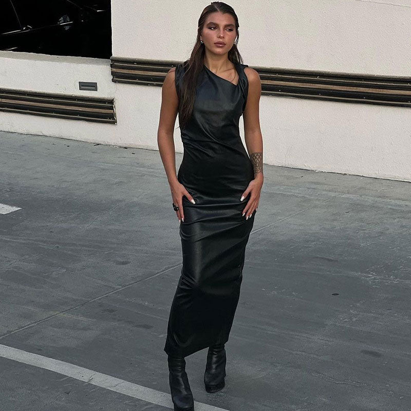 Black Asymmetric Twist Neck Sleeveless Faux Leather Bodycon Maxi Dress