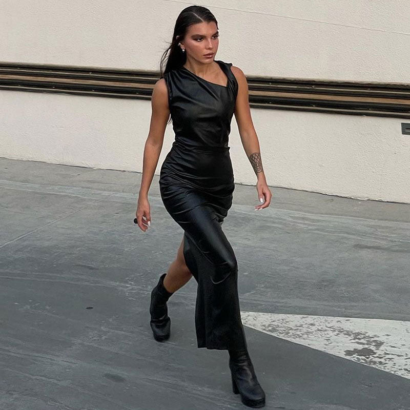 Black Asymmetric Twist Neck Sleeveless Faux Leather Bodycon Maxi Dress