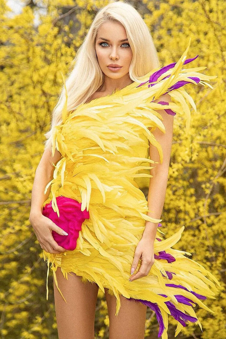 Yellow One Shoulder Feather Trim Bodycon Mini Dress