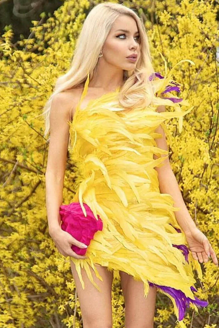 Yellow One Shoulder Feather Trim Bodycon Mini Dress