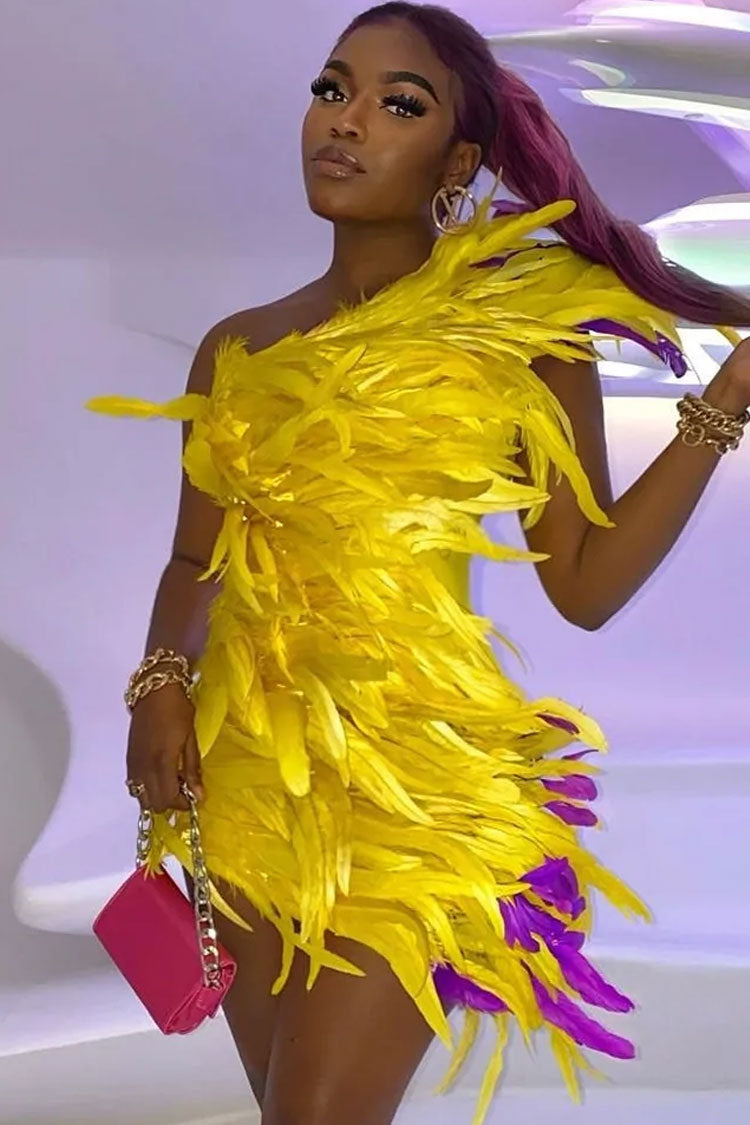 Yellow One Shoulder Feather Trim Bodycon Mini Dress