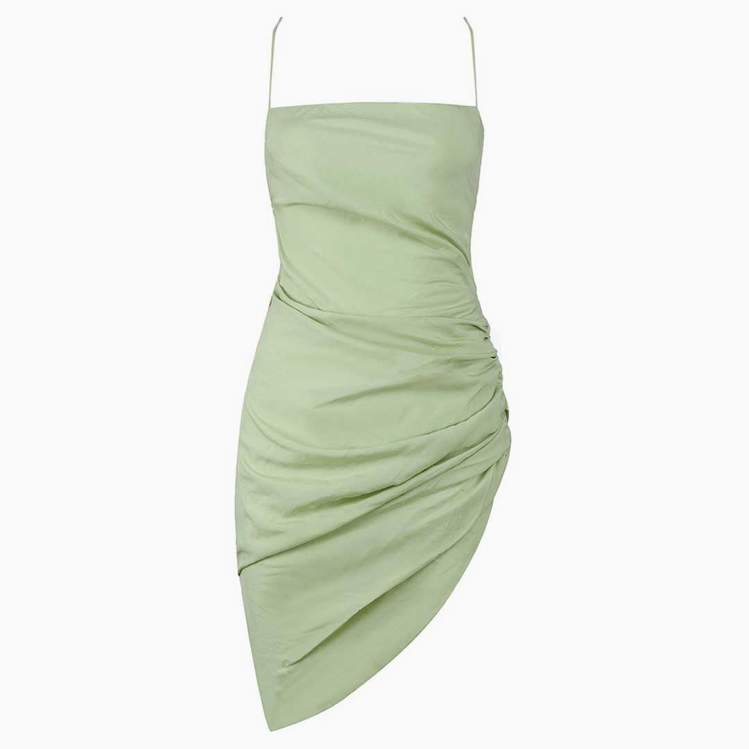 Light Green Square Neck Spaghetti Strap Ruched Asymmetrical Bodycon Mini Dress