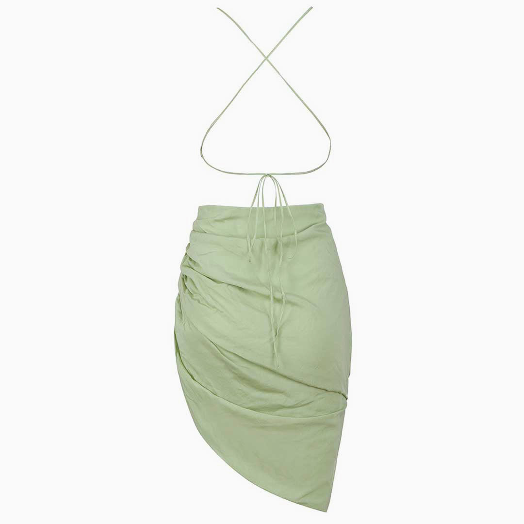 Light Green Square Neck Spaghetti Strap Ruched Asymmetrical Bodycon Mini Dress