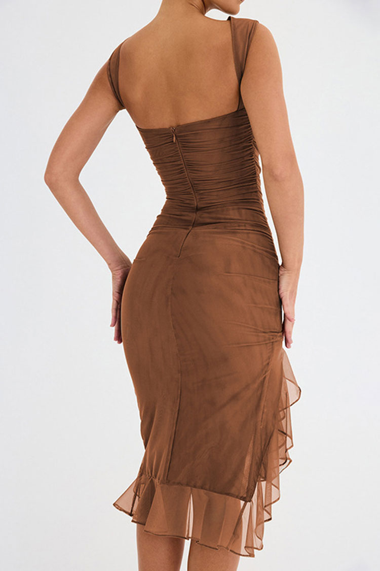 Brown Round Neck Sleeveless Mesh Ruched Asymmetrical Ruffle Bodycon Midi Dress