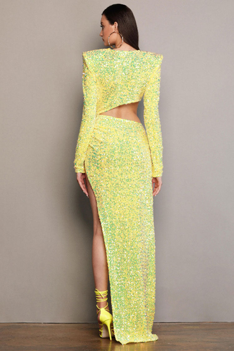 Yellow Round Neck Long Sleeve Sequin Cutout High Slit Bodycon Maxi Dress