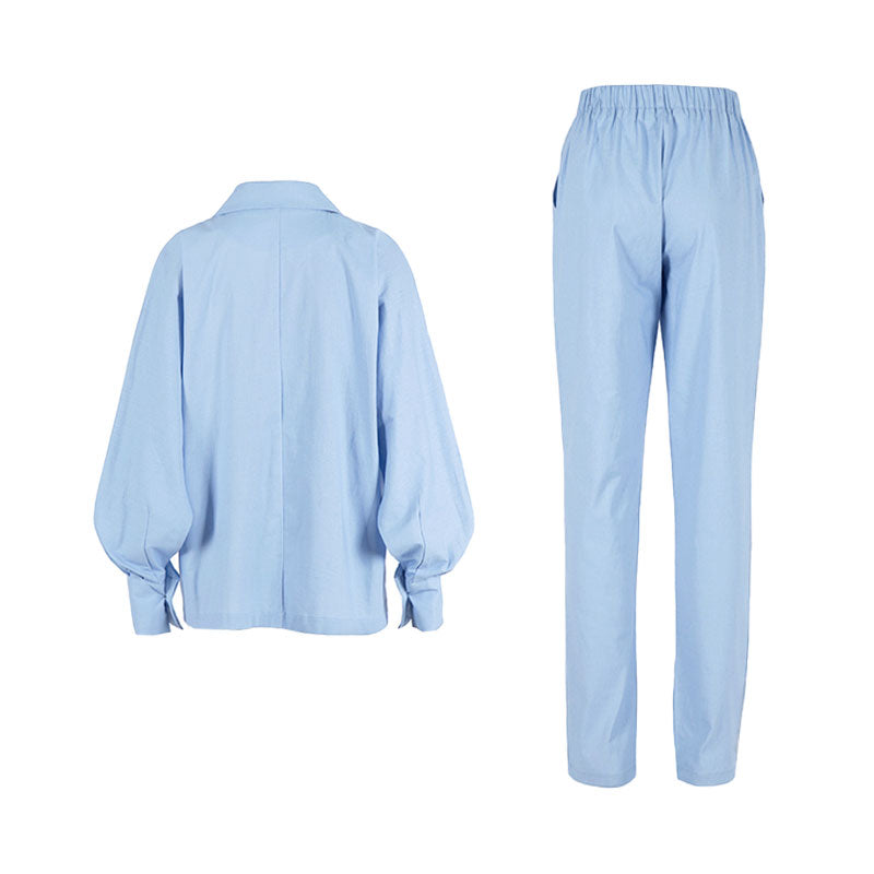 Blue Peak Lapel Long Sleeve Linen Blazer Trouser Matching Set