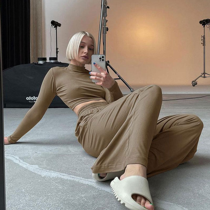 Athleisure Solid Long Sleeve Crop Top Sophisticated Wide Leg Pants Matching Set - Gray L / Khaki