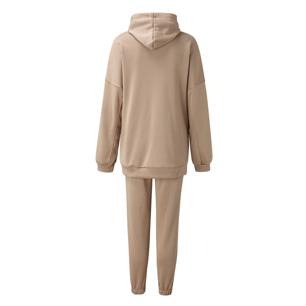 Beige Drop Shoulder Long Sleeve Hoodie Jogger Matching Set