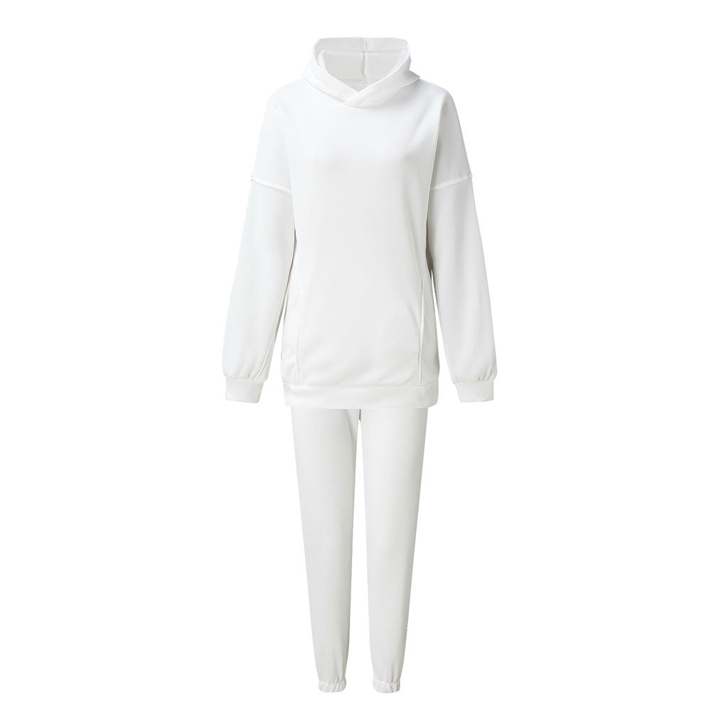 White Drop Shoulder Long Sleeve Hoodie Jogger Matching Set