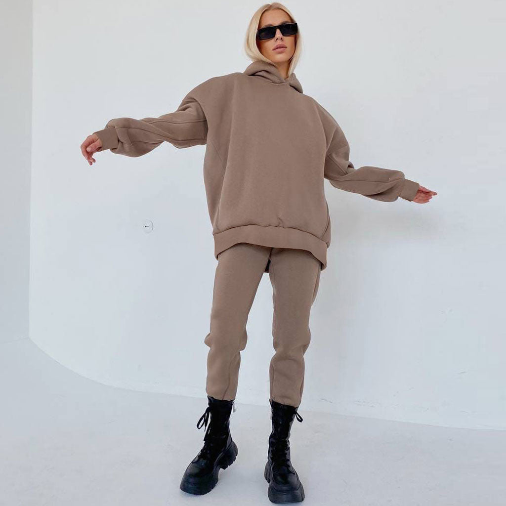 Coffee Drop Shoulder Long Sleeve Hoodie Jogger Matching Set
