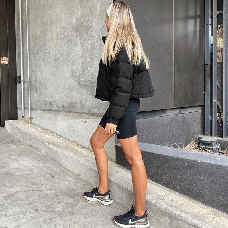 Black High Neck Letter Print Zip Up Cropped Puffer Jacket